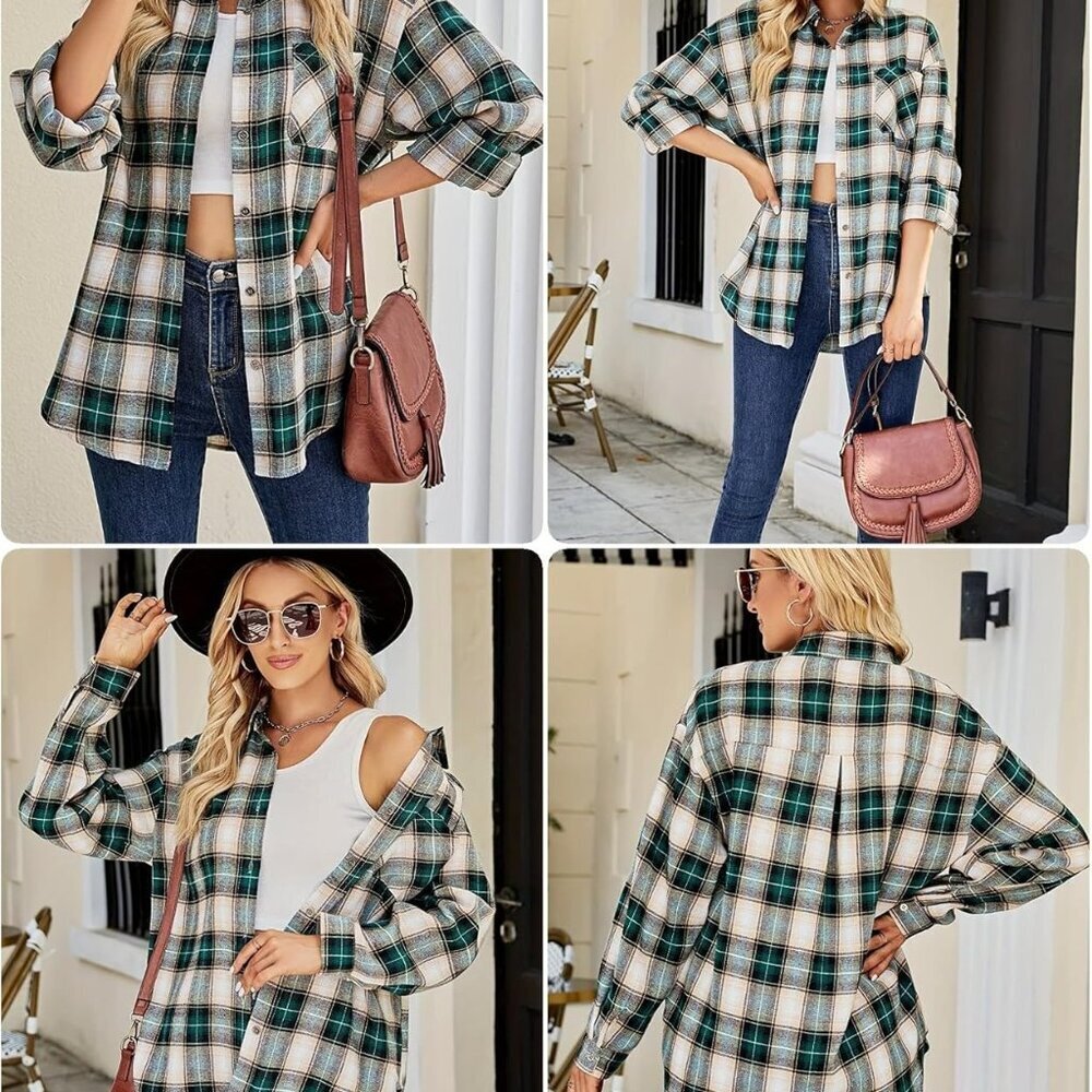 Womens Plaid Shirts Cotton Classic Long Sleeve Button Down Collared Casual Tops - Picture 5 of 6